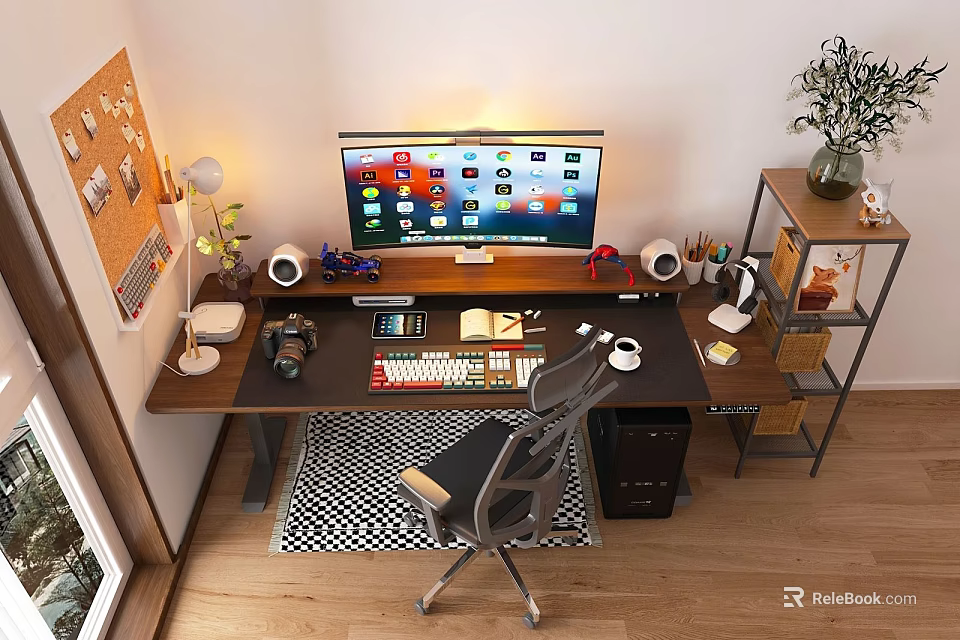 Modern Home Office Desk With Computer Monitor Keyboard Stationery Pinboard Lamp Chair And Plant Shelf 3d model 