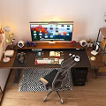 Modern Home Office Desk With Computer Monitor Keyboard Stationery Pinboard Lamp Chair And Plant Shelf