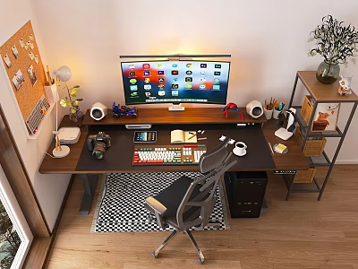 Modern Home Office Desk With Computer Monitor Keyboard Stationery Pinboard Lamp Chair And Plant Shelf 3d model