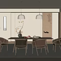 Japanese Style Restaurant Interior With Dining Table Chairs Pendant Lights Decorative Painting And Wooden Elements