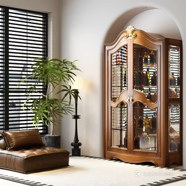 Ornate Wooden Wine Cabinet With Glass Doors Wine Bottles Leather Sofa And Potted Plant 3d model 