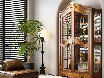 Ornate Wooden Wine Cabinet With Glass Doors Wine Bottles Leather Sofa And Potted Plant 3d model