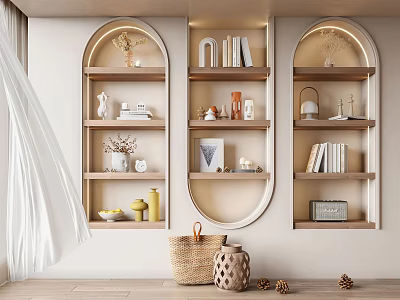 Decorative Ornament Combinations on Arched Shelves with Vases Books and Baskets for Modern Interior Styling 3d model