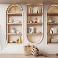 Decorative Ornament Combinations on Arched Shelves with Vases Books and Baskets for Modern Interior Styling