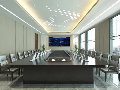 Modern Conference Room With Long Table Chairs Large Screen And Ceiling Lighting 3d model