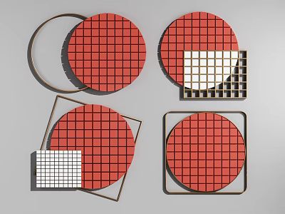 Modern Round and Square Wall Decor with Red Grid Pattern White Accents and Metal Frames 3d model