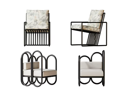 Modern Leisure Chairs Featuring Black Metal Frames and Upholstered Patterned Solid Seats 3d model