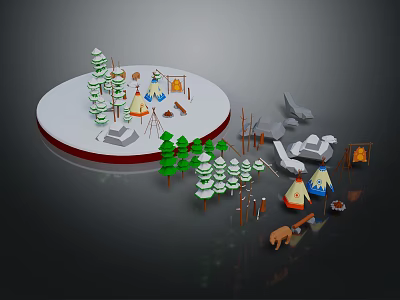 Cartoon Scenic Camping Site with Tepees Green Trees Campfire and Bear Figure 3d model