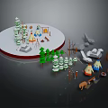 Cartoon Scenic Camping Site with Tepees Green Trees Campfire and Bear Figure