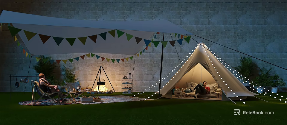 Cozy Outdoor Camping Tent Setup With String Lights And Bunting Flags Near Stone Wall 3d model 