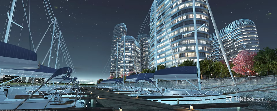 Starry Night View of Marina with Sailboats and Modern Illuminated High Rise Buildings 3d model 