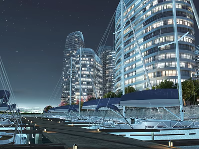 Starry Night View of Marina with Sailboats and Modern Illuminated High Rise Buildings 3d model