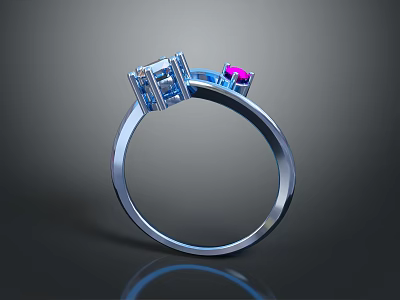 Elegant Silver Ring With Square Blue Gemstone And Pink Accent Stone 3d model