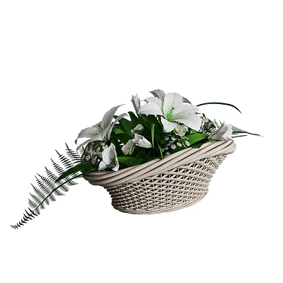 Fresh White Lilies Arrangement In Wicker Basket With Ferns And Green Leaves 3d model
