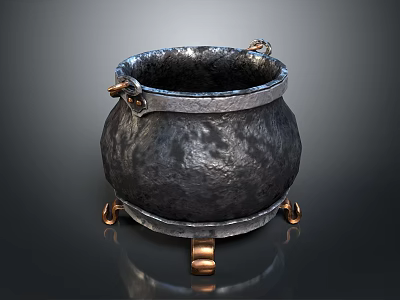 Vintage Cast Iron Cauldron With Metal Rings And Brass Feet For Home Use 3d model