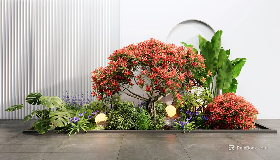 Red Shrubs Surrounded by Various Plants Large Green Leaves and Purple Flowers with Lights 3d model 