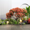 Red Shrubs Surrounded by Various Plants Large Green Leaves and Purple Flowers with Lights