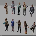 Group of Children in Different Poses with Toys Skateboard Soccer Ball and Drawing Board