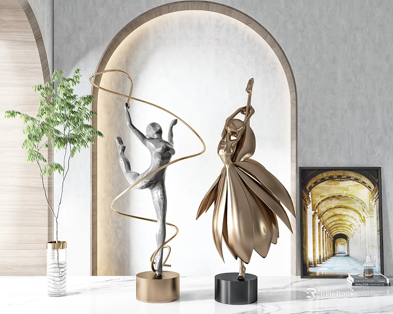 Modern Decorative Ornament Set With Silver Dancer Golden Floral Sculptures Green Plant And Framed Artwork 3d model 