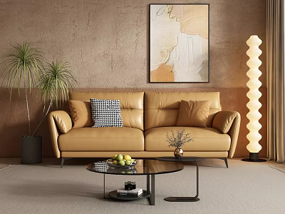 Stylish Two Seater Leather Sofa Living Room Setup With Abstract Painting Floor Lamp And Coffee Table 3d model