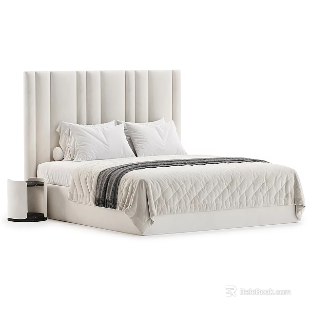 Modern Minimalist Double Bed With Pleated Upholstered Headboard And Light Striped Bedding 3d model 