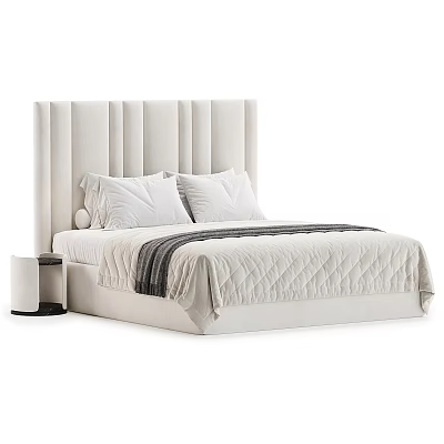 Modern Minimalist Double Bed With Pleated Upholstered Headboard And Light Striped Bedding 3d model