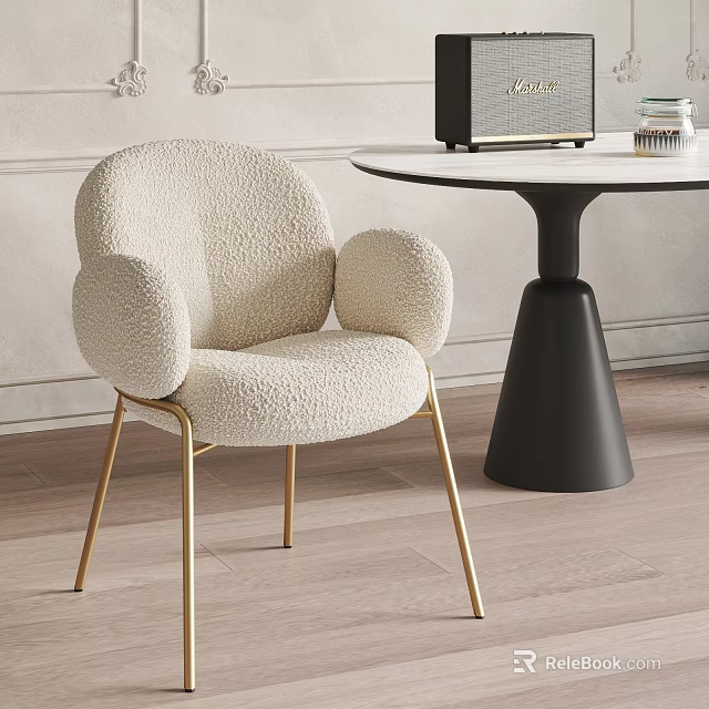 Stylish Beige Fluffy Single Chair With Rounded Armrests And Golden Metal Legs 3d model 