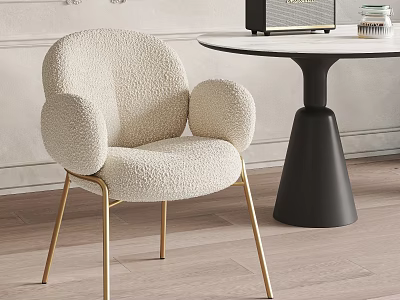 Stylish Beige Fluffy Single Chair With Rounded Armrests And Golden Metal Legs 3d model
