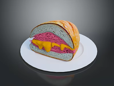 Tasty Sandwich With Pink Filling Yellow Sauce Served On White Plate 3d model
