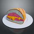 Tasty Sandwich With Pink Filling Yellow Sauce Served On White Plate