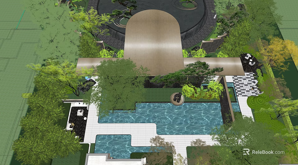 Curved Entrance Gate Design With Lush Greenery Water Pool And Stone Paving In Garden 3d model 