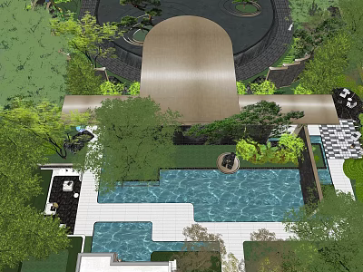 Curved Entrance Gate Design With Lush Greenery Water Pool And Stone Paving In Garden 3d model