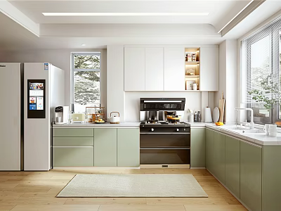 Modern Kitchen Interior With White And Green Cabinets Refrigerator Oven Countertop And Window 3d model