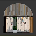 Parking Meter Installed At Small Building With Arched Roof And Green Door