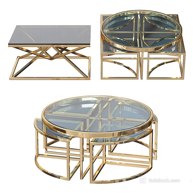 Modern Geometric Coffee Table With Glass Top And Gold Metal Frame 3d model 