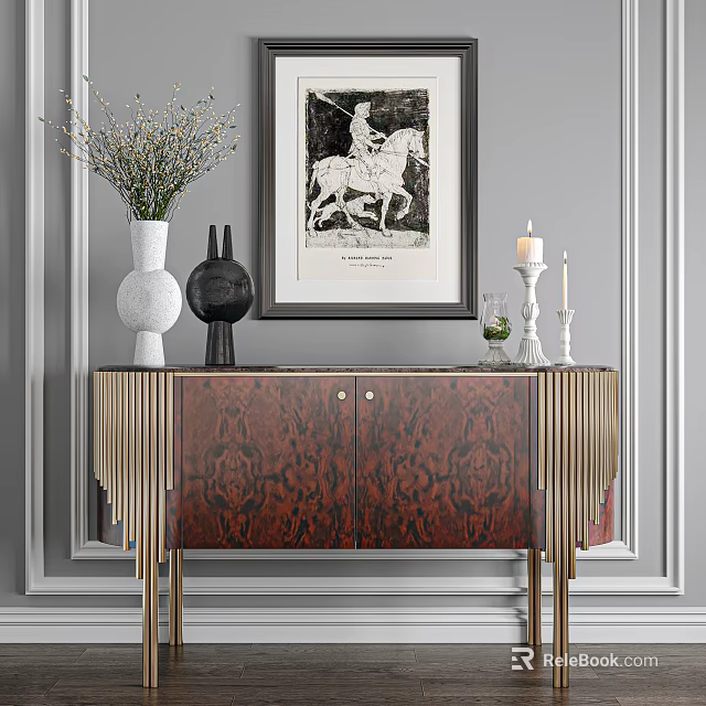 Elegant Entryway Console Cabinet Decor With Vase Candle And Wall Painting Accents 3d model 