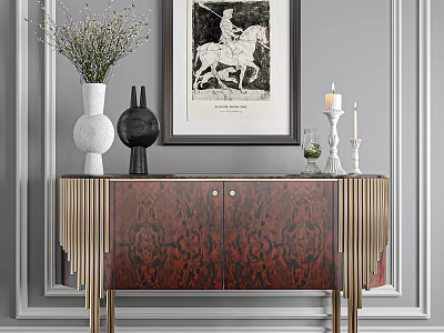 Elegant Entryway Console Cabinet Decor With Vase Candle And Wall Painting Accents 3d model