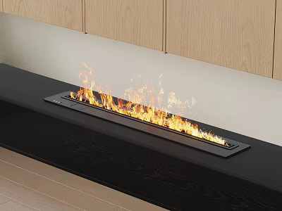 Modern Built in Fireplace Design With Flames On Black Countertop And Wooden Cabinets 3d model