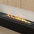 Modern Built in Fireplace Design With Flames On Black Countertop And Wooden Cabinets