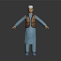 Man Wearing Blue Robe White Cap Brown Patterned Vest Blue Sandals Arms Outstretched Gray Background