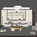 Modern Living Room Interior With White Sofa Round Coffee Table Bookshelf And Chandelier