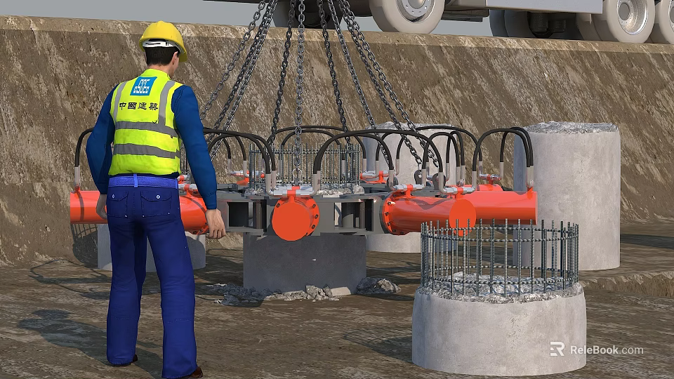 Concrete Construction Components Being Lifted With Crane Chains And Steel Cages At Construction Site 3d model 
