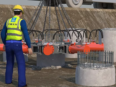 Concrete Construction Components Being Lifted With Crane Chains And Steel Cages At Construction Site 3d model