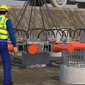 Concrete Construction Components Being Lifted With Crane Chains And Steel Cages At Construction Site