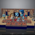 Colorful Stage Scene Construction With Blue Characters Red Platforms And Wooden Decorations