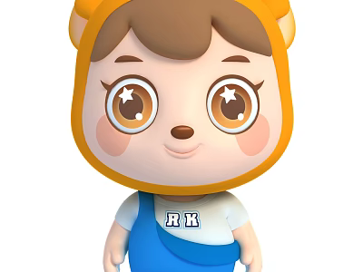 Cute Cartoon Character With Bear Headgear Wearing Blue Overalls And RK Logo T-Shirt 3d model
