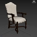 Beige Fabric Upholstered Chair Featuring Dark Wooden Arms Rivet Decorations On White Wall Wooden Floor