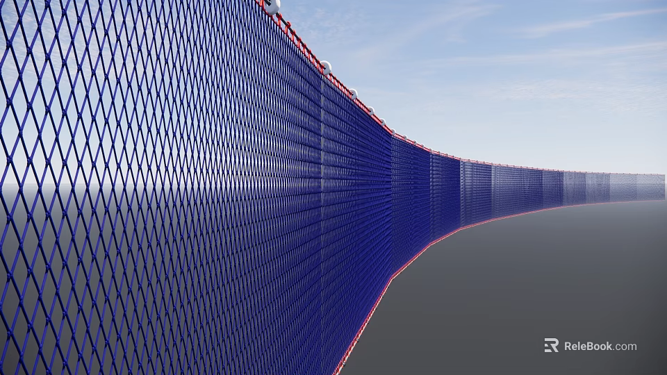 Blue Mesh Hanging Decor with Red Edges Curved Over Gray Ground and Blue Sky 3d model 