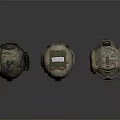 Three Tactical Military Helmets With Camouflage Patterns And Protective Visors