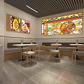 Cozy Restaurant Interior With Wooden Chairs Tables Food Posters Tiled Walls And Table Plant